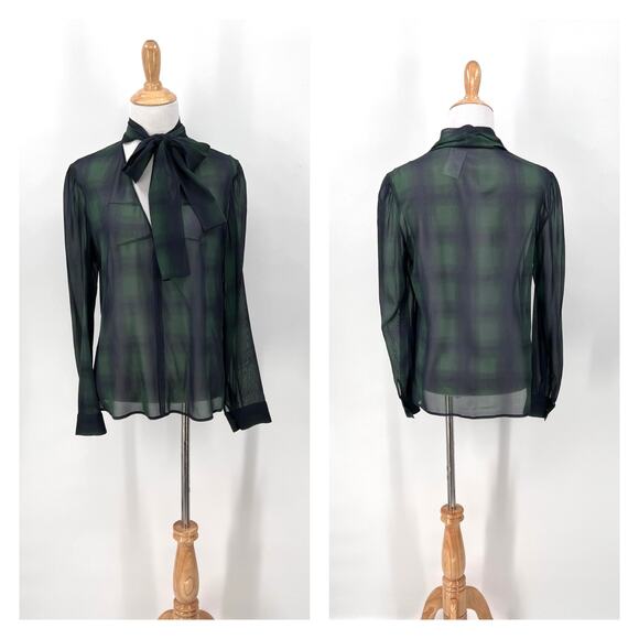 RED VALENTINO Plaid Print Silk Tie Neck Top Small Blue Green Sheer Long Sleeve - Picture 1 of 16